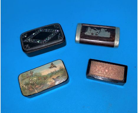 4 19th century snuff boxes black lacquer with picture of grouse shooting to lid (picture scratched &amp; worn), black lacquer