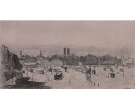 Sion Wenban (1848-1897),etching, Munich railway station, signed in the plate, dated 1883, p 7.5" x 15", framed.