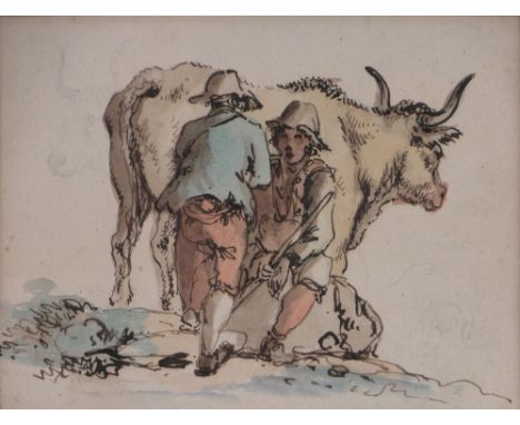 Old Master style watercolour/ink, farmers and cow, unsigned, 5.5" x 7", framed.