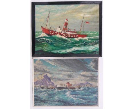 R Cadman,oil on canvas, The Light Ship East Goodwin, signed, 16" x 19" and L S James, oil on board, marine scene, signed, (2)