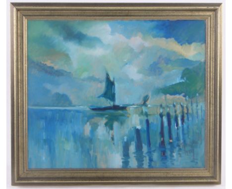 20th Century French School,oil on canvas, blue seascape, indistinctly signed, 20" x 24", framed.