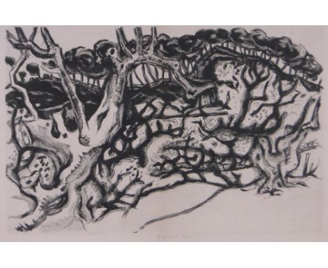 Edouard Pignon,etching, abstract trees 1947, plate size 13" x 19", framed.