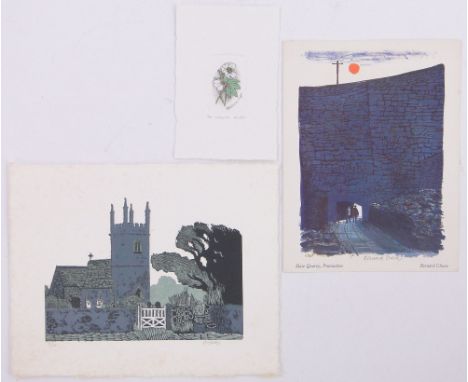 Edward Hughes,lino-cut, church, Brian Higbee, etching, Christmas Rose and Bernard Cheese, lithograph, slate quarry, all signe