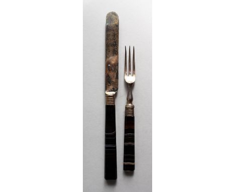 AN AGATE HANDLED KNIFE AND FORK. Knife: 8ins long.