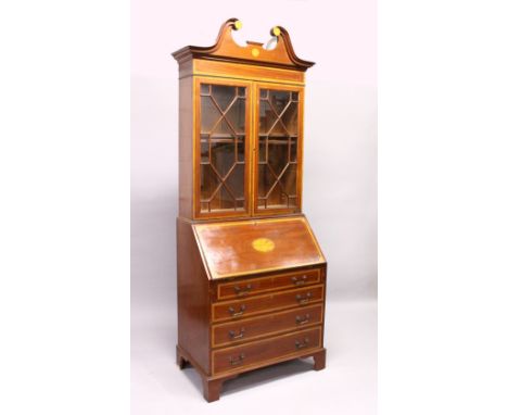 AN EDWARDIAN MAHOGANY AND SATINWOOD INLAID BUREAU BOOKCASE, with swan neck pediment, pair of astragal glazed doors, on inlaid