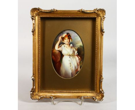 A PARAGON OVAL PORCELAIN PORTRAIT PLAQUE OF CAROLINE OF BRUNSWICK, by F.  Micklewright, signed, printed factory marks.