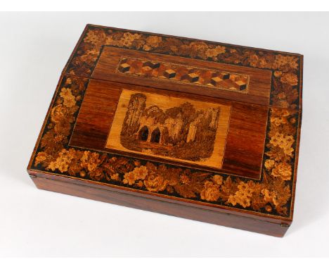 A VERY GOOD TUNBRIDGE WARE FOLDING TRAVELLING TABLE DESK, the two piece folding top inlaid with a ruined castle, parquetry pa