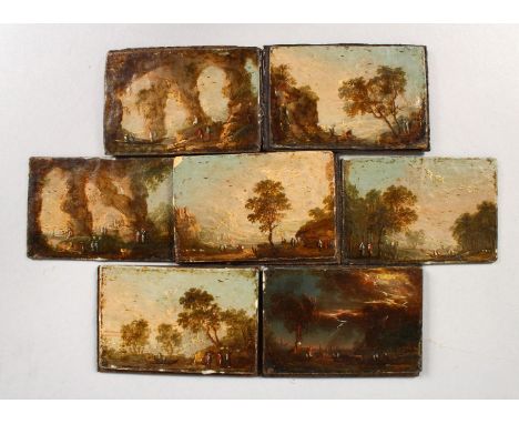 A GROUP OF SEVEN SMALL OIL PAINTINGS ON PANEL, probably from a collectors cabinet, each showing figures in a landscape. Appro