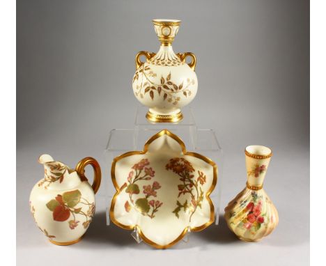 A SELECTION OF BLUSH OR IVORY ROYAL WORCESTER: a spirally moulded vase, C.1907, a  jug, C. 1890, a two-handle vase, C.1880, a