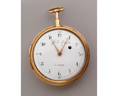 A GOOD 18TH CENTURY GOLD POCKET WATCH by L. G. LAGAFFE A. LIEGE, with verge movement and white enamel dial with repeat action