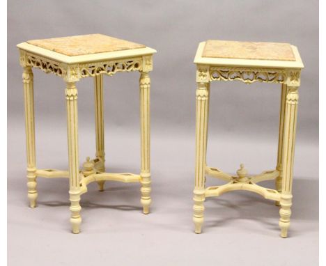 A PAIR OF CREAM PAINTED LAMP TABLES, with inset marble tops. 1ft 4ins x 1ft 4ins x 2ft 4ins high.