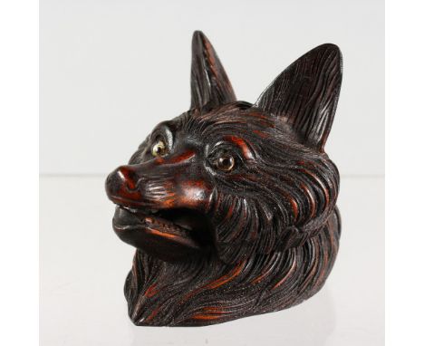 A BLACK FOREST CARVED WOOD FOXES HEAD INKWELL. 3ins high.