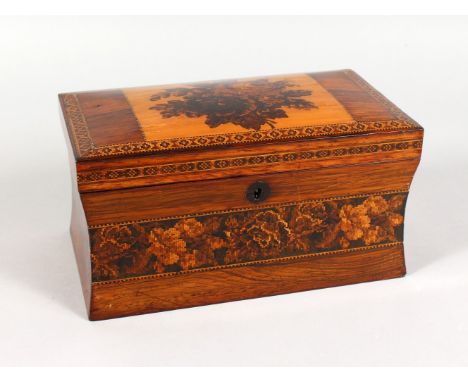 A GOOD TUNBRIDGE WARE MARQUETRY AND PARQUETRY TWO-DIVISION TEA CADDY, the domed top inlaid with roses opening to reveal two t