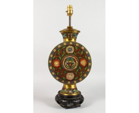 A GOOD CHINESE CLOISONNE CIRCULAR LAMP, on a wooden stand. 20ins high.