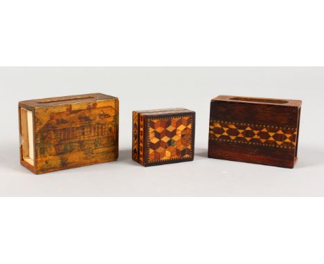 THREE SMALL TUNBRIDGE WARE MARQUETRY AND PARQUETRY ITEMS. One lidded box and two matchbox holders. 1.25ins, 2.25ins and 2.25i