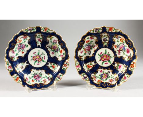 A PAIR OF18TH CENTURY WORCESTER BLUE SCALE PLATES, painted with flowers.