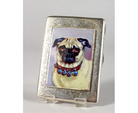 A VICTORIAN ENGRAVED SILVER CIGARETTE CASE, with an enamel of a pug dog. Birmingham 1886.