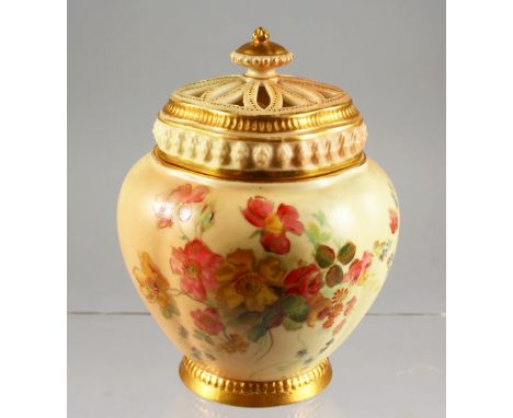 A ROYAL WORCESTER BLUSH IVORY POTPOURRI and two covers, painted with flowers on a blush ivory ground, C. 1903.