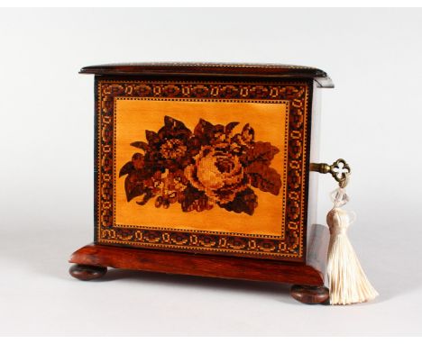 A TUNBRIDGE WARE MARQUETRY CHEST, with marquetry top of flowers, flowers to the door to the front, enclosing three drawers an