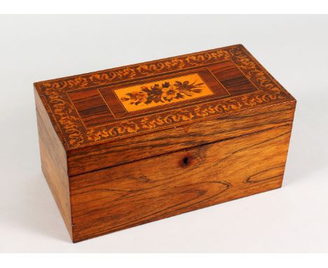 A LARGE GOOD TUNBRIDGE WARE TEA CADDY, the hinged top inlaid with flowers and parquetry and opening to reveal a glass mixing 