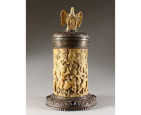 A SUPERB LARGE 17TH-18TH CENTURY AUGSBURG SILVER AND IVORY TANKARD, the lid set with semi-precious stones and carved ivory ea