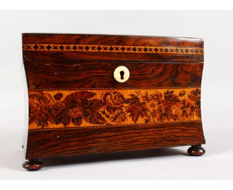 A VERY GOOD TUNBRIDGE WARE MARQUETRY AND PARQUETRY SLIGHTLY DOMED TOP TEA CADDY, the top inlaid with a bird and wheat ears, o