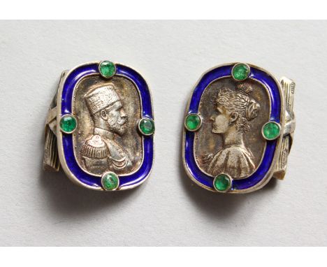 A PAIR OF RUSSIAN SILVER AND BLUE ENAMEL CUFFLINKS.