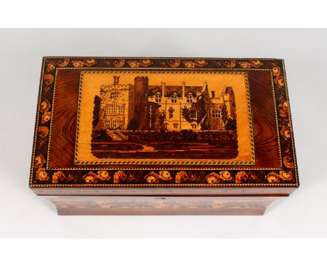 A VERY GOOD TUNBRIDGE WARE DOMED TOP TWO-DIVISION TEA CADDY, the top inlaid with Hever Castle, Kent with roses to the borders