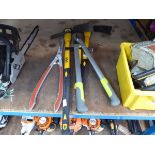 Small quantity of tools, to include mattock, loppers, and shears
