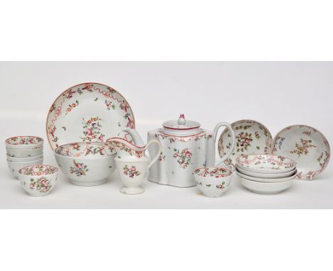 'New Hall' teapot and cover, saucer dish, slop bowl, sugar bowl, cream jug and six tea bowls and saucers, pattern no. 195, he