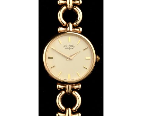 Rotary: a ladies 9ct. gold bracelet watch, with circular baton dial, quartz movement, openwork flexible strap, weight with mo