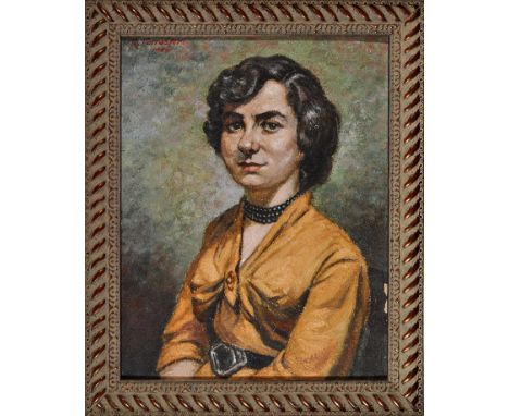 Robert Forrester
(1913-1988)
A bust portrait of Miss Anne Richardson
signed and dated 1959; inscribed on a label verso
oil on