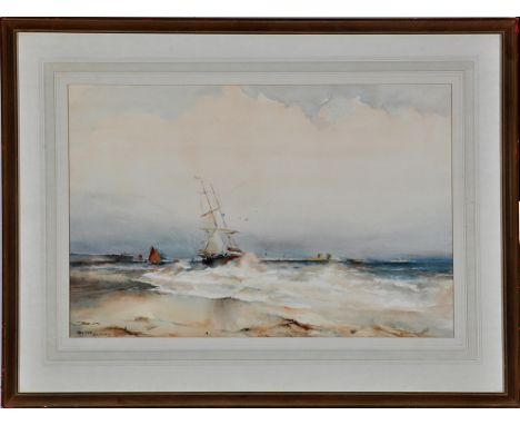 Thomas Wilkinson
(19th Century)
A brigantine beaching on a stormy day
signed and indistinctly dated below the mount
watercolo
