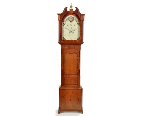 Jno. Bloor, Newcastle: a late Georgian oak and mahogany banded longcase clock, with painted arabic dial, subsidiary seconds d