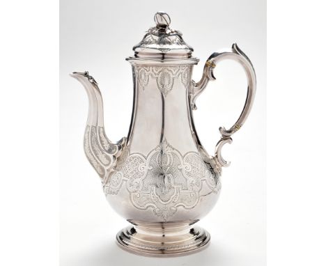 A Victorian coffee pot, by Edward, Edward Jnr., John & William Barnard, London 1844, baluster-shaped with engraved leaf, foli