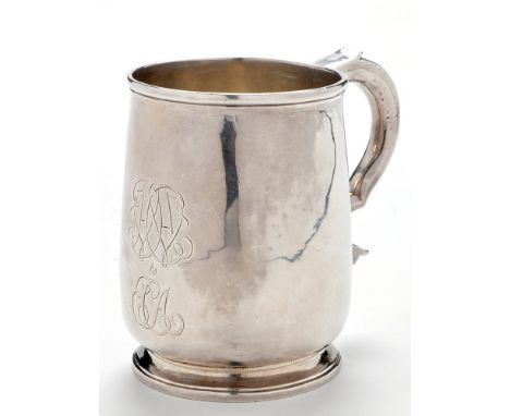 A George II mug, by William Bellassyse, London 1720, circular tapered, scroll handle, rim foot, engraved inscription, 3 3/4in
