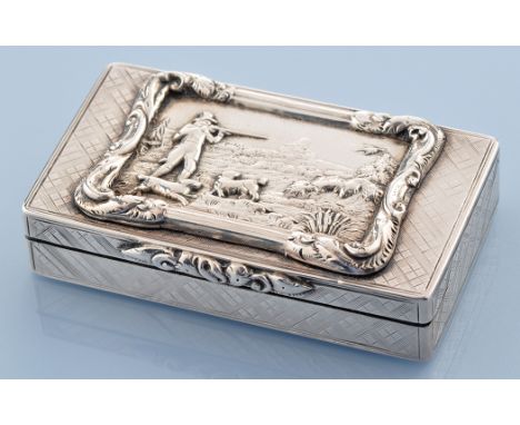 A Victorian snuff box, by John Tongue, Birmingham 1839, rectangular with panel to top depicting a huntsman and dogs, engine t
