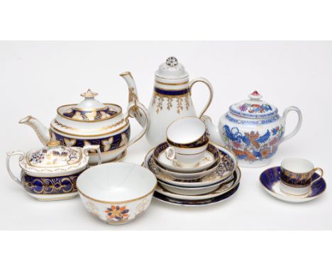 'New Hall' teapot and cover, pattern no. 695, height 17.5cms; teapot stand, pattern no. 408; plate, pattern no. 566; cup and 