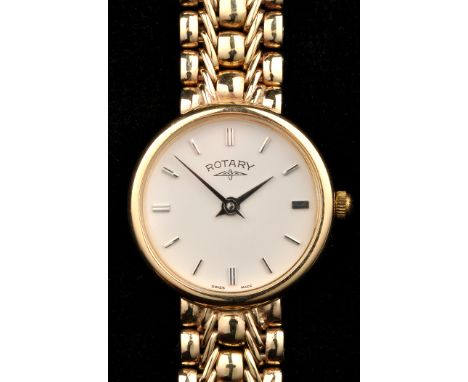 Rotary: a ladies 9ct. gold bracelet watch, with circular baton dial and flexible strap, quartz movement, weight with movement