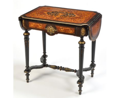 A late 19th Century ebonised, thuya wood, giltmetal mounted and satinwood inlaid drop leaf occasional table, the central pane