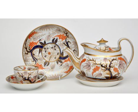 'New Hall' teapot, cover and stand, saucer dish, cup and saucer, pattern no. 446, height of teapot, cover and stand 16.5cms. 