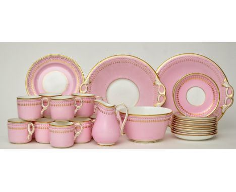 Sèvres style pink ground part coffee service, with gilt and 'jewelled' detailing, comprising: twelve cups, eleven saucers, tw