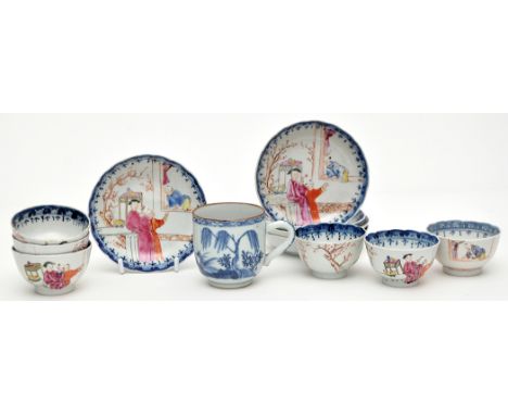 Set of five Chinese famille rose tea bowls and saucers, with figures conversing at a window, additional matching tea bowl, la