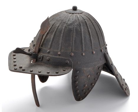 A 17th Century and later Polish hussar helmet, the domed skull with ball finial and multiple ribs, the headband, neck, ear co