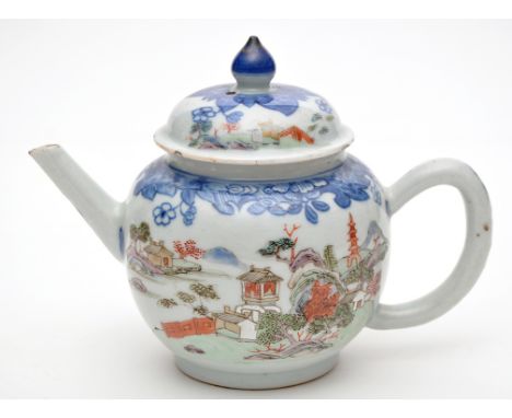 Small Chinese famille rose teapot and cover, circular form painted with pavilion in mountain landscape, late 18th/early 19th 