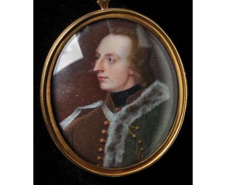 Continental School
(c.1800)
A miniature bust portrait of a hussar officer wearing a green pelisse
bodycolour on ivory
5.4 x 4