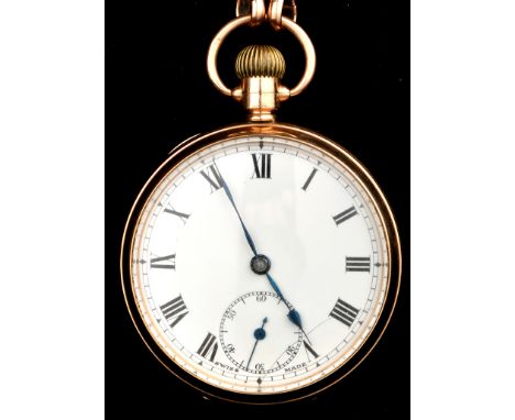 A George V 9ct. gold open faced crown wind pocket watch, with enamelled roman dial, subsidiary seconds dial; and a 9ct. gold 