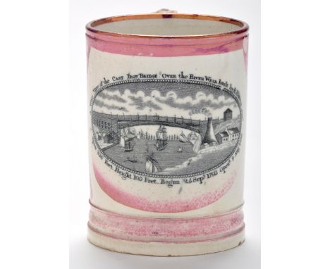 Lustreware printed pearlware frog mug of 'North-East' interest, with "West view of the Cast Iron Bridge over the River Wear",