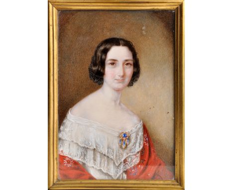 19th Century British School
A miniature portrait of a lady in white lace dress with red shawl and sapphire brooch
body colour