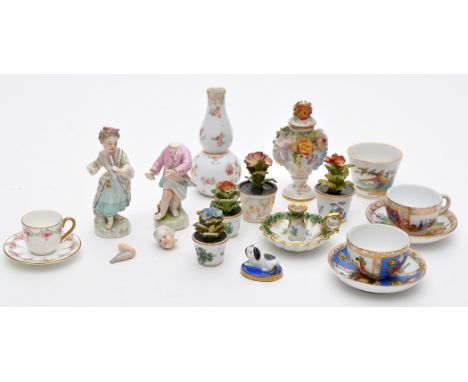 German miniature porcelain, comprising: flowerpots; flower vase and cover; gourd-shaped vase; cache pot; two cups and saucers